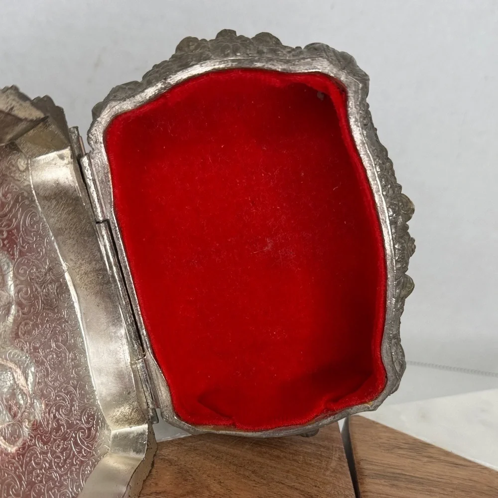 Vintage Ornate Rococo Silver Jewelry Casket with Red Lining